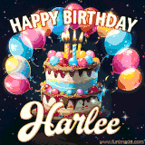 Bright birthday animation for Harlee with a chocolate cake, candles, balloons, and glowing celebratory lights.