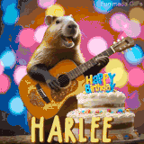 Animated birthday GIF showing a capybara playing guitar and singing beside a birthday cake with the name Harlee in large letters and colorful bokeh lights in the background.
