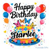 An animated birthday card for Harlee. It features a festive cake with her name, 'Harlee', and colorful butterflies. Floating balloons and hearts complete the joyful scene.