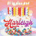 Personalized for Harleigh elegant birthday cake adorned with rainbow sprinkles, colorful candles and glitter