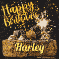 Celebrate Harley's birthday with a GIF featuring chocolate cake, a lit sparkler, and golden stars