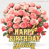Golden 'Happy Birthday Harley' text beneath a vibrant bouquet of orange roses, complete with glittering butterflies and sparkling details.