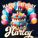Bright birthday animation for Harley with a chocolate cake, candles, balloons, and glowing celebratory lights.
