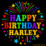 Personalized greeting card with name, colorful text that says 'Happy Birthday Harley' surrounded by animated fireworks and multicolor stars