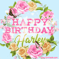A charming animated GIF featuring 'Happy Birthday Harley' in pink and green text, surrounded by delicate roses, leaves, and fluttering butterflies on a soft light blue pastel background.
