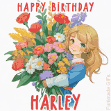 Bright floral birthday animation for Harley showing a cute cartoon girl with golden hair and expressive eyes holding a huge bouquet, surrounded by birthday text.