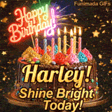 Shimmering birthday animation for Harley featuring a detailed chocolate drip cake and the words Shine Bright Today.