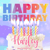 A vibrant animated name GIF with the words 'Happy Birthday Harley' with colorful candles on a creamy cake. The background sparkles with pastel shades, adding a festive touch.