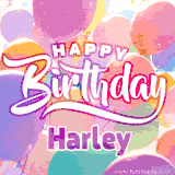 A vibrant name GIF featuring colorful balloons in shades of pink, orange, and yellow with the bold text 'Happy Birthday Harley' in festive fonts, creating a lively birthday vibe.