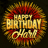 Golden 'Happy Birthday Harli' text accompanied by animated rainbow fireworks for a festive animated greeting.