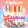 Personalized for Harmoni elegant birthday cake adorned with rainbow sprinkles, colorful candles and glitter