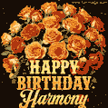 Beautiful bouquet of orange and red roses for Harmony, golden inscription and twinkling stars