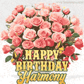 Birthday wishes to Harmony with a charming GIF featuring pink roses, butterflies and golden quote