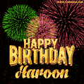 Wishing You A Happy Birthday, Haroon! Best fireworks GIF animated greeting card.