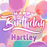 A vibrant name GIF featuring colorful balloons in shades of pink, orange, and yellow with the bold text 'Happy Birthday Hartley' in festive fonts, creating a lively birthday vibe.