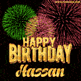 Wishing You A Happy Birthday, Hassan! Best fireworks GIF animated greeting card.