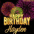 Wishing You A Happy Birthday, Hayden! Best fireworks GIF animated greeting card.