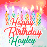 Bright birthday candles with rainbow flames on a cake, alongside the text 'Happy Birthday Hayley' in vibrant script in this celebratory animated GIF.