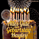 A chocolate birthday cake with glowing candles, the German text 'Alles Gute zum Geburtstag Hayley,' and vibrant fireworks lighting up the background in an animated GIF.