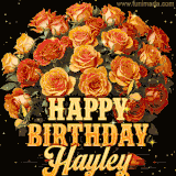 Animated bouquet of orange roses with moving butterfles and golden 'Happy Birthday Hayley' text, surrounded by sparkling accents and a dark backdrop for a luxurious feel.