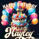 Bright birthday animation for Hayley with a chocolate cake, candles, balloons, and glowing celebratory lights.