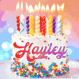 A cheerful white birthday cake with multicolor sprinkles, lit candles, and 'Hayley' written in vibrant letters, in an animated GIF.