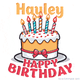 Cartoon birthday cake with a red bow, glowing candles, and 'Hayley Happy Birthday' text in bold animated style.