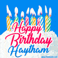 Happy Birthday GIF for Haytham with Birthday Cake and Lit Candles