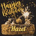Celebrate Hazel's birthday with a GIF featuring chocolate cake, a lit sparkler, and golden stars