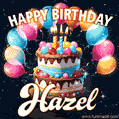 Hand-drawn happy birthday cake adorned with an arch of colorful balloons - name GIF for Hazel