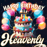 Bright birthday animation for Heavenly with a chocolate cake, candles, balloons, and glowing celebratory lights.