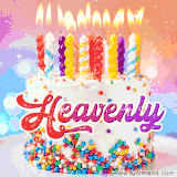 A cheerful white birthday cake with multicolor sprinkles, lit candles, and 'Heavenly' written in vibrant letters, in an animated GIF.