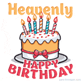 Cartoon birthday cake with a red bow, glowing candles, and 'Heavenly Happy Birthday' text in bold animated style.