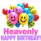 Animated colorful and joyful birthday balloons with cheerful smiles and a bright 'Happy Birthday Heavenly!' message in pink and purple.