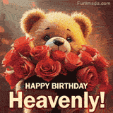 Cinematic style cute animated teddy bear with charming features holding a large bouquet of red roses, the words say 'Happy Birthday Heavenly' in sans serif font.