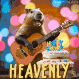 Animated birthday GIF showing a capybara playing guitar and singing beside a birthday cake with the name Heavenly in large letters and colorful bokeh lights in the background.