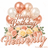 Elegant 3D rose gold text saying Happy Birthday Heavenly surrounded by balloons