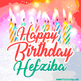 Bright birthday candles with rainbow flames on a cake, alongside the text 'Happy Birthday Hefziba' in vibrant script in this celebratory animated GIF.