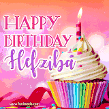 A vibrant birthday GIF featuring a rainbow-colored cupcake topped with white frosting, sprinkles, and a lit candle. The text reads 'Happy Birthday Hefziba' in bold pink and violet letters with white outline.