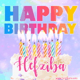 A vibrant animated name GIF with the words 'Happy Birthday Hefziba' with colorful candles on a creamy cake. The background sparkles with pastel shades, adding a festive touch.