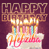 A colorful birthday cake topped with lit candles, with the words 'Happy Birthday Hefziba' in bold glowing letters on a burgundy background. Animated flames add a festive touch.