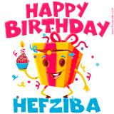A vibrant and funny gift box character with a happy face dancing with a cupcake and the text 'Happy Birthday Hefziba,' surrounded by animated confetti and party vibes.