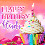 A vibrant birthday GIF featuring a rainbow-colored cupcake topped with white frosting, sprinkles, and a lit candle. The text reads 'Happy Birthday Heidi' in bold pink and violet letters with white outline.