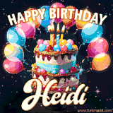 Bright birthday animation for Heidi with a chocolate cake, candles, balloons, and glowing celebratory lights.