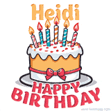 Cartoon birthday cake with a red bow, glowing candles, and 'Heidi Happy Birthday' text in bold animated style.