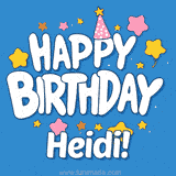 Colorful animated birthday card with the text 'HAPPY BIRTHDAY Heidi!' in a white playful font surrounded by stars, hearts, and a party hat on a blue background.