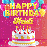 Pink-themed animated greeting with balloons, confetti, and a frosted cake under the message 'Happy Birthday Heidi' in bold rounded yellow font.