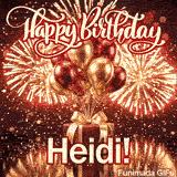 Metallic gold and burgundy balloons tied to a red gift box with a gold ribbon, custom-designed for Heidi.