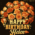 Beautiful bouquet of orange and red roses for Helen, golden inscription and twinkling stars