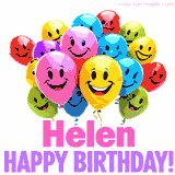 Animated colorful and joyful birthday balloons with cheerful smiles and a bright 'Happy Birthday Helen!' message in pink and purple.